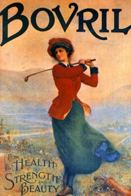 BOVRIL FOR HEALTH STRENGTH AND BEAUTY WOMAN PLAYING GOLF VINTAGE POSTER REPRO - Image 1 of 3