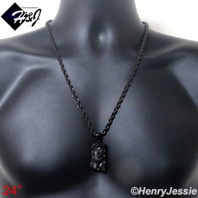 20"24"30"MEN Stainless Steel 5mm Black Plated Rope Chain CZ Jesus Pendant*BP133 - Image 1 of 4