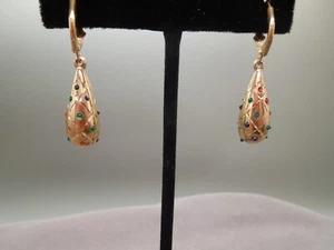 14k Yellow Gold Ruby Sapphire Emerald Teardrop Leverback Dangle Earrings - Picture 1 of 9