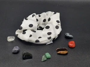 Crystal Chakra Hair Scrunchie Polka Dot Satin Zipper Pocket with 7 Chakra Stones - Picture 1 of 2