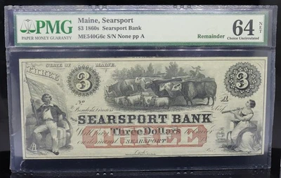 1860s $3 Searsport Bank in Maine PMG 64 NET - Image 1 of 2
