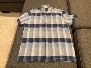 TOMMY BAHAMA Men’s Short Sleeve Navy Blue Plaid Silk Button Down Shirt Large - Picture 1 of 8