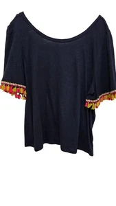 Navy Blue LOFT Beach Women's Top With Multicolor Tassel Sleeve Details Scoop Nec - Picture 1 of 5