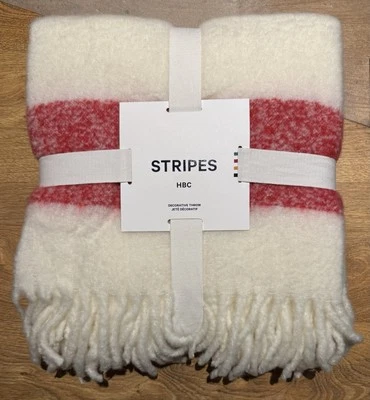 New With Tags Hudson's Bay HBC Stripes White Red Wool Blanket Throw 64" x 59" - Image 1 of 4