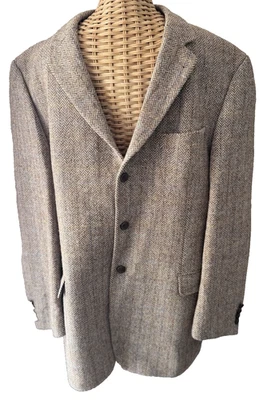 Jaqueta esportiva Harris Tweed blazer xadrez lã 3 botões camurça cotovelo remendos 48L - Imagem 1 de 4
