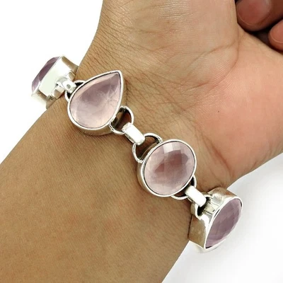 Pulsera Cadena Boho Aniversario Piedra Cuarzo Rosa Chakra Corazón Plata Sólida 925 Foto 1 de 4