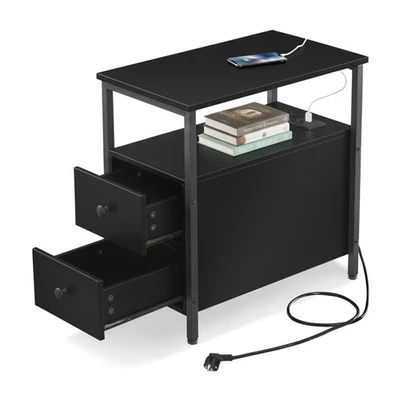 Side Table Bedside Table Living Room Table Storage Table with Sockets Drawers - Image 1 of 4