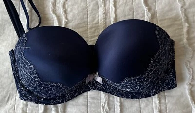 Victoria's Secret 34D Muy Sexy Sin Tirantes SANS BRETELLES Azul Marino Encaje Foto 1 de 4
