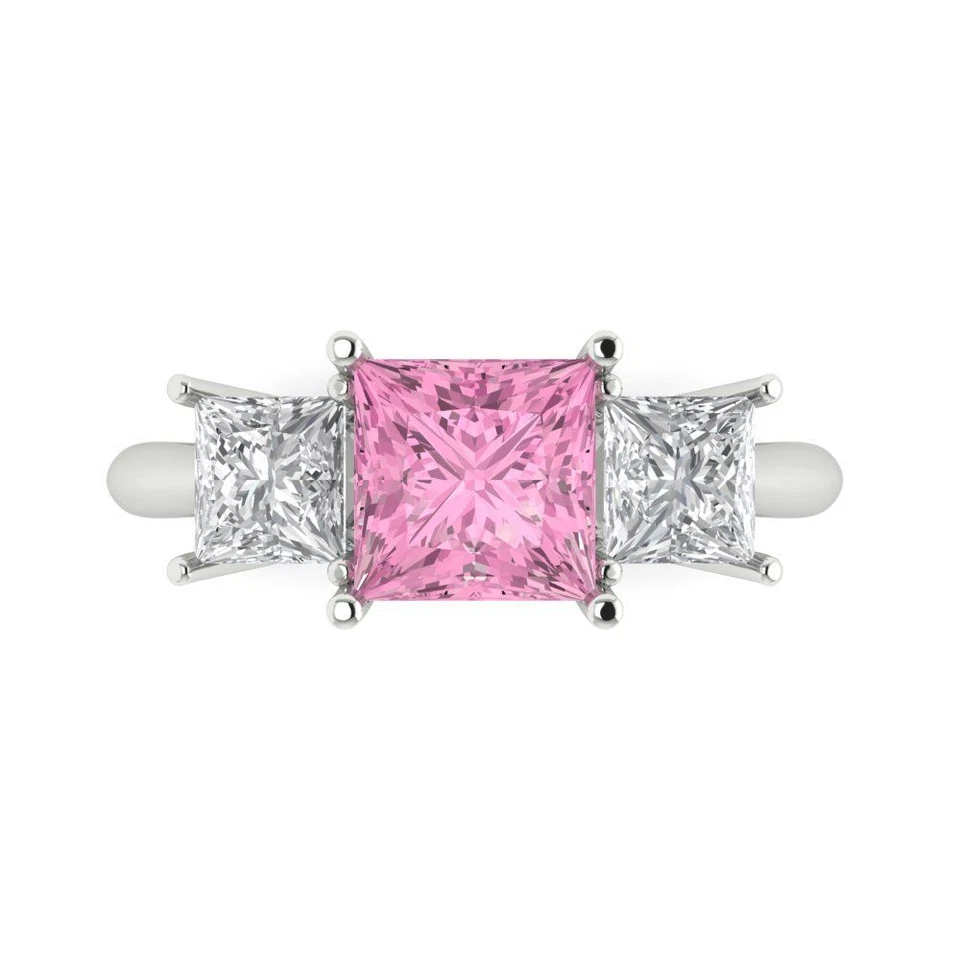 Anel feminino de ouro de três pedras com diamante rosa simulado corte princesa 2,5 cttw - Imagem 1 de 1