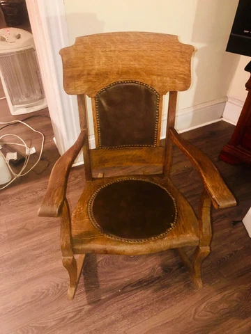 Tiger oak antique turn of the century rocking Chair Leather seat and back rare Cover