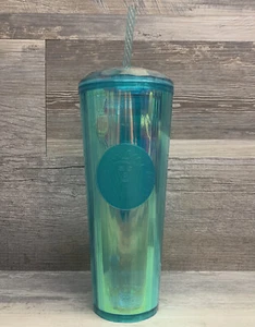 Starbucks 24 Oz Kaleidoscope Turquoise Teal Blue Acrylic Cold Cup Tumbler Straw - Picture 1 of 3