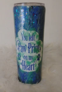 Handcrafted Tumbler Blue Green Paw Prints Stainless Steel 20oz Skinny - Picture 1 of 9