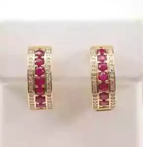 2Ct Round Cut Lab Created Pink Ruby Hoop Earrings 14K Yellow Gold Plated Silver - Picture 1 of 6