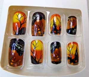 Beautiful Nails Orange & Black with Fall Tree Accents glue on Medium - Picture 1 of 2
