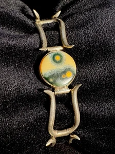 Bracciale Vintage Argento Sterling 925 Diaspro Oceano Ferro di Cavallo Catena Toggle - Foto 1 di 7