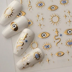 🧿 Nail Art Stickers Gold Evil Eye Snake Sun Moon Design 🐍✨ Celestial Magic! - Picture 1 of 3
