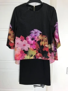 TED BAKER CADIE CASCADING BLACK FLORAL LAYERED SHIFT DRESS TED SIZE UK 10 - Picture 1 of 7