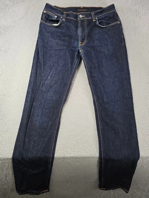 Pantalones de mezclilla Nudie para hombre talla 32x30 azul fino finlandés lavado oscuro botón mosca algodón orgánico Foto 1 de 4