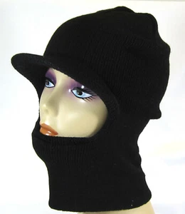 NEU UNISEX SCHWARZ WARM SKI MÜTZE STRICK 1 LOCH MASKE ACRYL ONE SIZE MIT SCHIRM - Bild 1 von 2