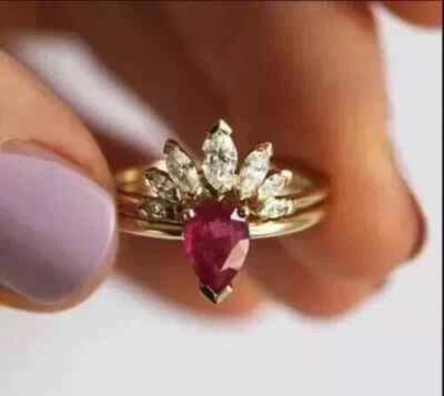 Wedding Bridal Ring Set Lab Created Red Ruby 14K Yellow Gold Plated 2Ct Pear Cut - Image 1 of 4