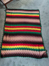 Vtg 70s Crochet Knit Blanket Afghan Throw, Browns, Greens, Reds, Yellows 65 x40