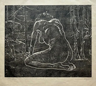 Holzschnitt 1935 Impressionist Hans Bremer weiblicher Akt 44 x 53 cm - Bild 1 von 4