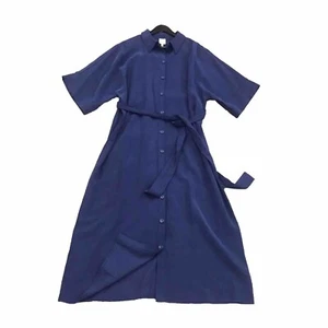 NWT $139 Anne Klein Sz L Women Short Sleeve Button Up Maxi Dress Tie Belt Navy - Picture 1 of 18