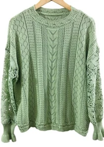 Vintage Womens Sweater Size L Green Open Knit Peasant Sleeve Grandma Cottage - Picture 1 of 8