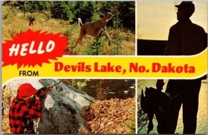 DEVILS LAKE, North Dakota Postcard Multi-View / Hunting Scenes - Dexter Chrome - Picture 1 of 2