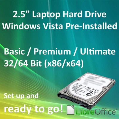 Hard Drive Windows Vista Pre-Installed 32 64 Bit x86 x64 Office Laptop 2.5" SATA - Image 1 of 3