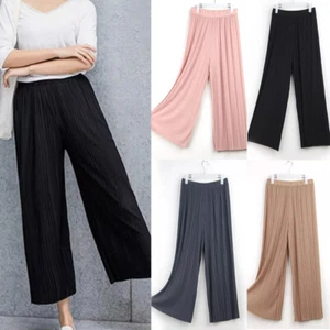LADIES WOMENS PLAIN TROUSERS BAGGY ELASTIC WAIST WIDE LEG FLARED PANTS Bottoms - Picture 1 of 30