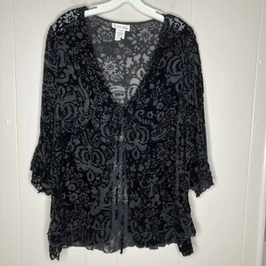 Women’s M Black Velvet Burn-Out Open Front Tie Top Semi-Sheer Ruffles Sareet  X - Picture 1 of 10
