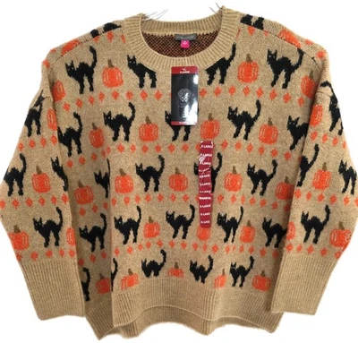 Vince Camuto Sweater Womens XL Tan Halloween Black Cat Pumpkin Pullover Knit - Image 1 of 4