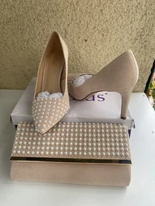 LOTUS SAND/GOLD COLOUR FAUX SUEDE HIGH HEEL PEARL COURT SHOES (UK6) MATCHING BAG - Picture 1 of 20