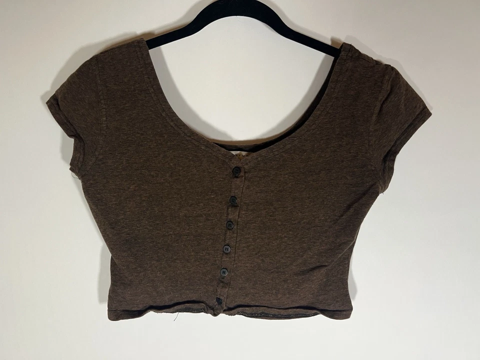 Vintage 90s Max Studio heathered brown cap slv cropped button shirt sz 2 stretch - Image 1 of 4