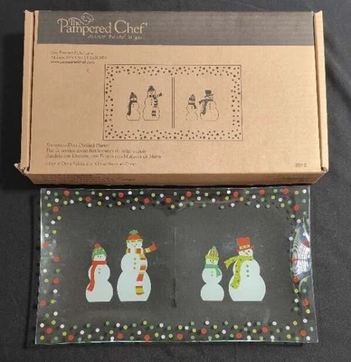 Pampered Chef Muñecos de Nieve Lunares Plato Dividido Vidrio Servir Muñeco de Nieve Tema NUEVO EN CAJA Foto 1 de 3