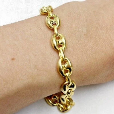 18K Yellow Gold Over Silver 8mm Puffed Anchor Mariner Bracelet Solid 7.5"-9.5" - Image 1 of 4