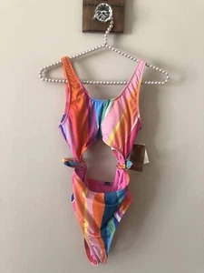 NWT Hobie Girls Size 14 Multicolored Stripe Swimsuit One Piece Tie Side Cutout - Picture 1 of 8