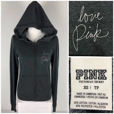 Victorias Secret PINK Size XS Sweatshirt Hoodie Gray Cotton Blend Full Zip EUC - Image 1 of 4