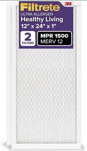 Filtre à air pour four à courant alternatif 2 pièces Filtrete 12" x 24" x 1", certifié MERV 12, MPR 1500 - Photo 1/11