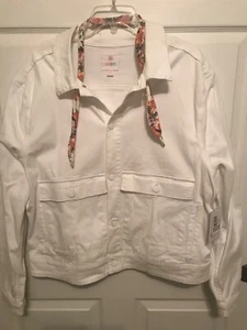 LuLaRoe Size 3XL Kenny Button Down White Denim Jacket with Floral Scarf - Picture 1 of 2