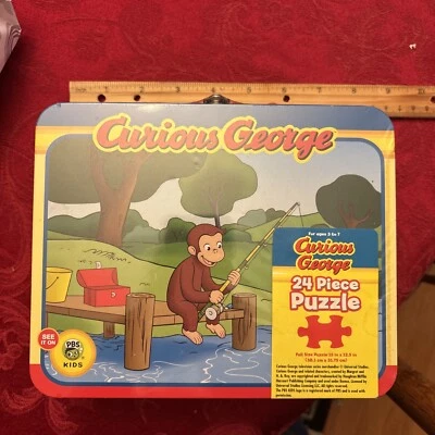 New 2011 Curious George 24 Piece Puzzle Pressman Tin & Reusable Lunchbox Sealed - Image 1 of 4