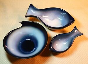 Signed Peter Pots Set of Nesting Dishes & Blue Wave Bowl Fade Ombre Art Pottery 