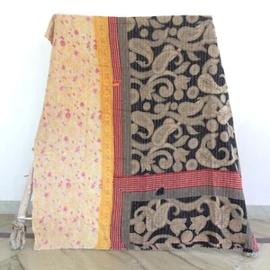 Reversible Vintage Kantha Quilt Multicoloured Twin Blanket Bohemian Bed Runner - Picture 1 of 4
