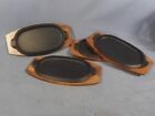 4 Vintage Cast Iron Fajita Sizzle Servers Made In JAPAN With Wood Table Trivet