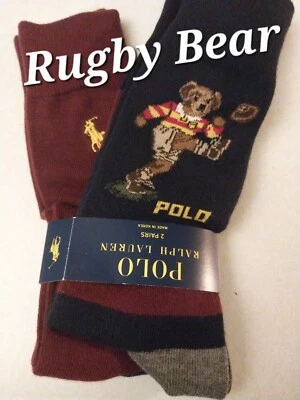 2 pares de calcetines de vestir Polo Ralph Lauren para hombre RUGBY PLAYER BEAR, azul marino - talla única -  Foto 1 de 4