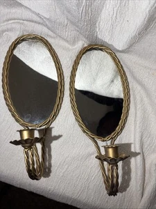 2 Vintage Sconces Gold Tone Twisted Rope Brass Metal Candle Holders Mirrored - Picture 1 of 5