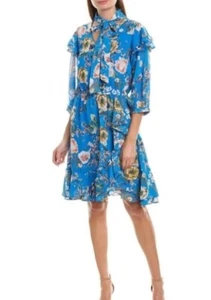 Anthropologie Walter Baker Blue Floral Birds Ruffled 3/4 sleeve Dress Sz 6 Bow - Picture 1 of 13