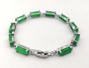 Genuine Green Jade Capsule Shape 18KGP Link Clasp Beads Bangle Bracelet 7.5" - Picture 1 of 10
