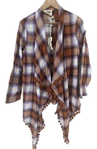 Savanna Jane Womens Small Plaid Open Front Cardigan Tassel Trim Brown Purple - Picture 1 of 5